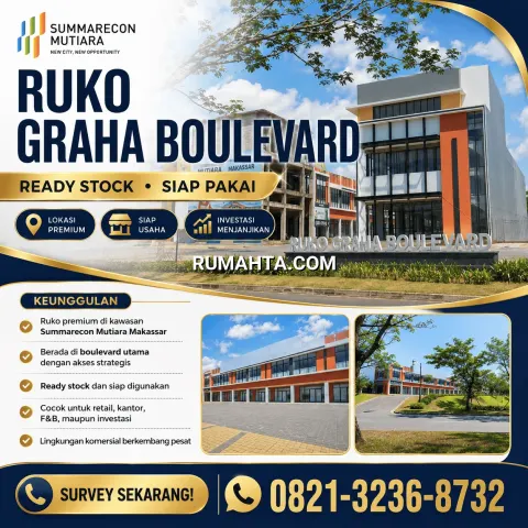 Ruko Siap Pakai Unit Ready Lokasi Strategis depan Mall Summarecon Makassar dan Perkiran Luas