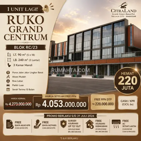 Dijual Ruko Siap Pakai Lokasi Strategis Jalur Poros Ruko Grand Centrum di kawasan premium Citraland Tallasa City Makassar.
