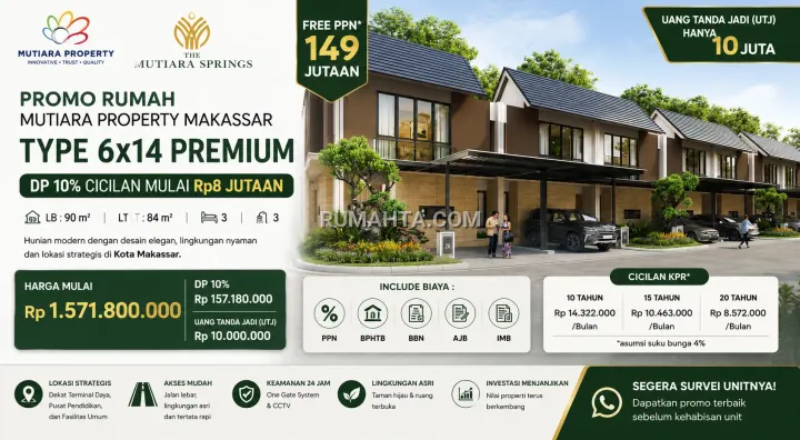 Promo Rumah Mutiara Property Makassar Type 6x14 Premium DP 10% Cicilan Mulai Rp8 Jutaan