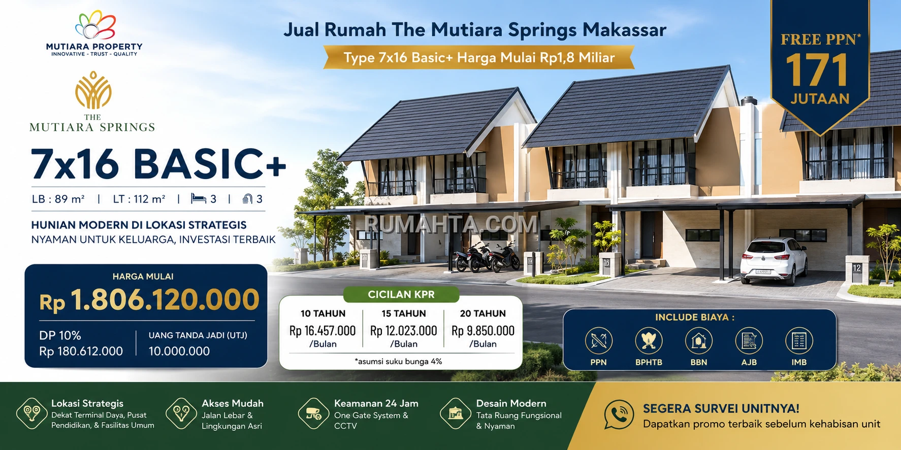Jual Rumah The Mutiara Springs Makassar Type 7x16 Basic+ Harga Mulai Rp1,8 Miliar