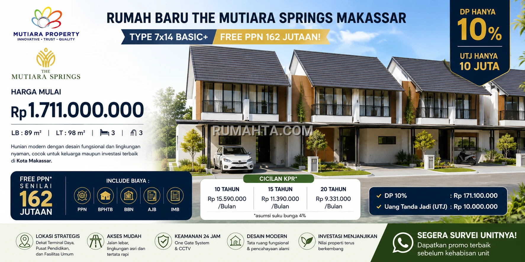 Rumah Baru The Mutiara Springs Makassar Type 7x14 Basic+ Free PPN 162 Jutaan