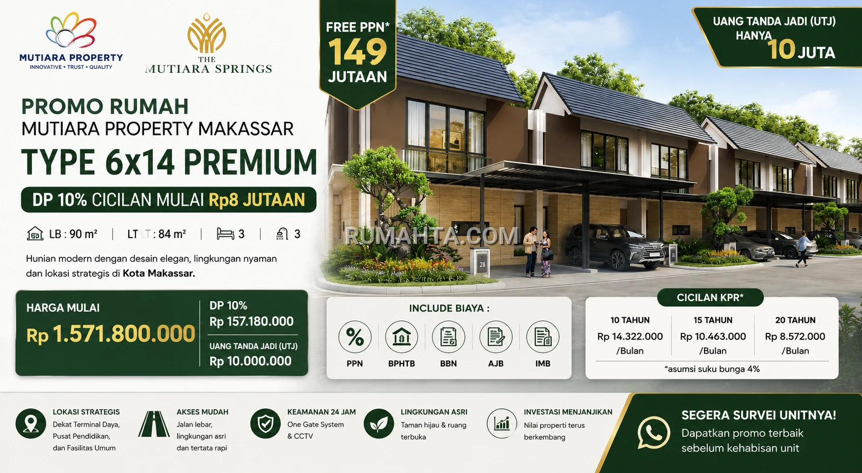 Promo Rumah Mutiara Property Makassar Type 6x14 Premium DP 10% Cicilan Mulai Rp8 Jutaan
