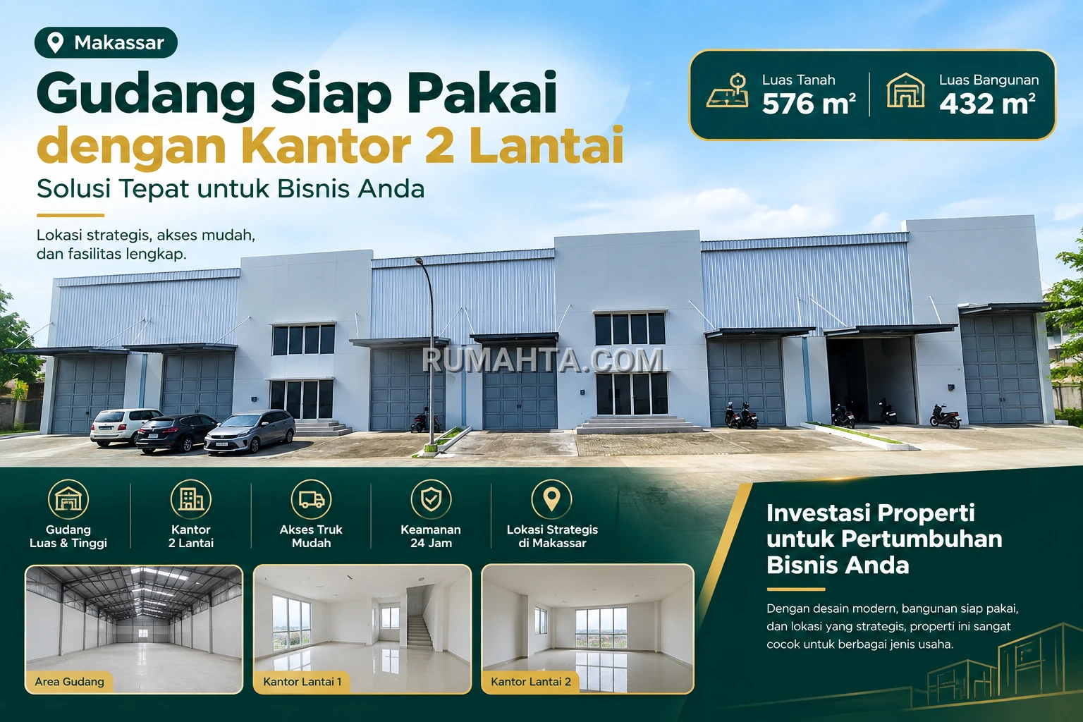 Gudang Makassar Siap Pakai dengan Kantor 2 Lantai, Luas Tanah 576 m